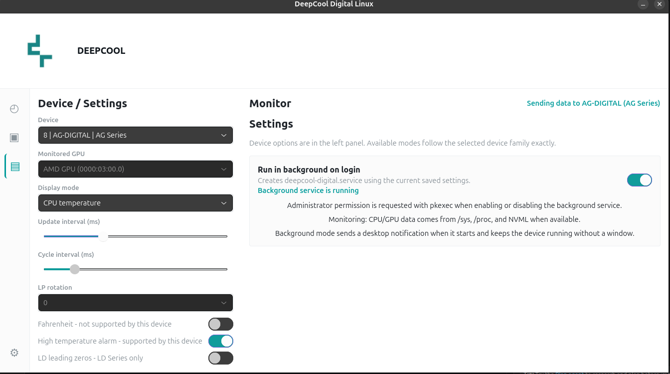 DeepCool Digital Linux configuration screen