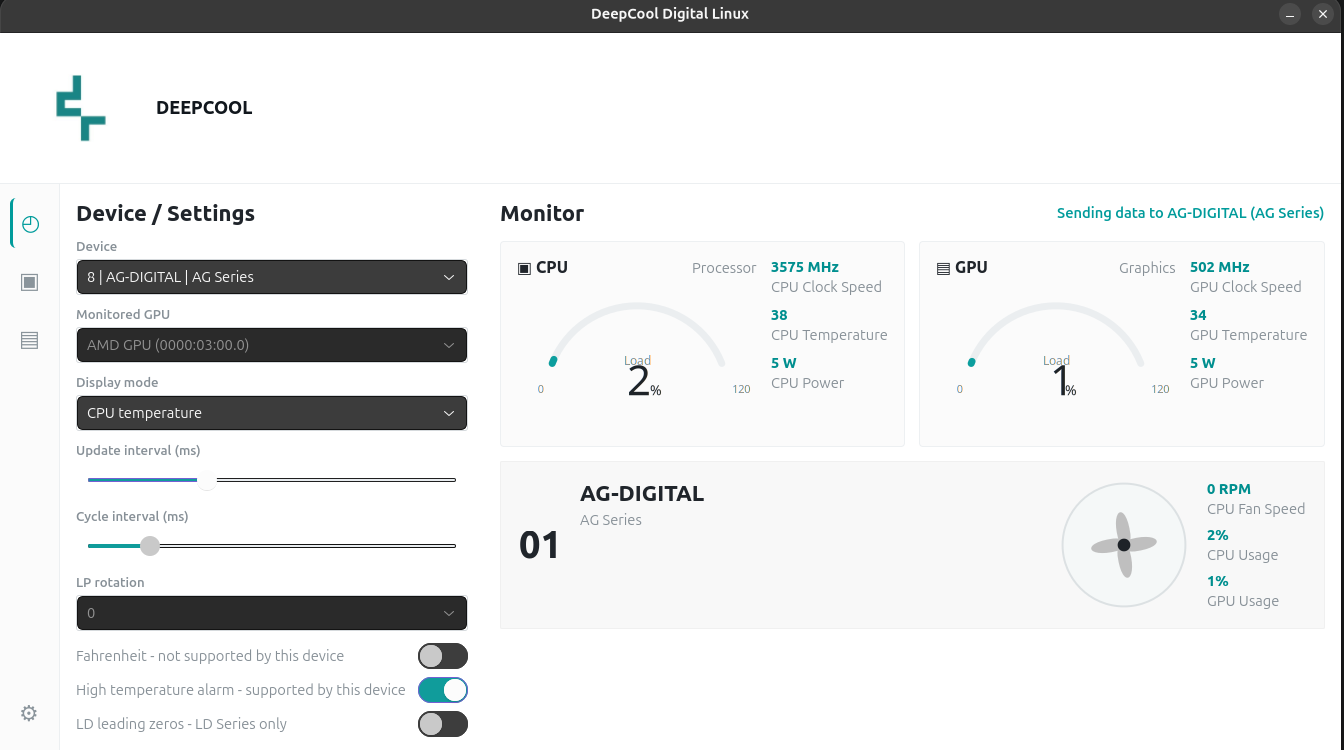 DeepCool Digital Linux device dashboard